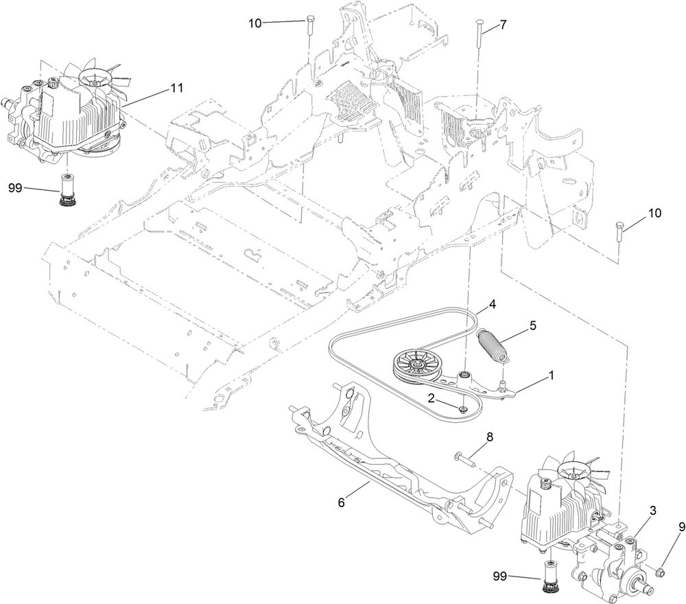 Hydraulic Pump, Idler And Belt Assembly Diagram and Parts List for 74943CP (312000001-312999999)(2012) Toro Lawn Mower