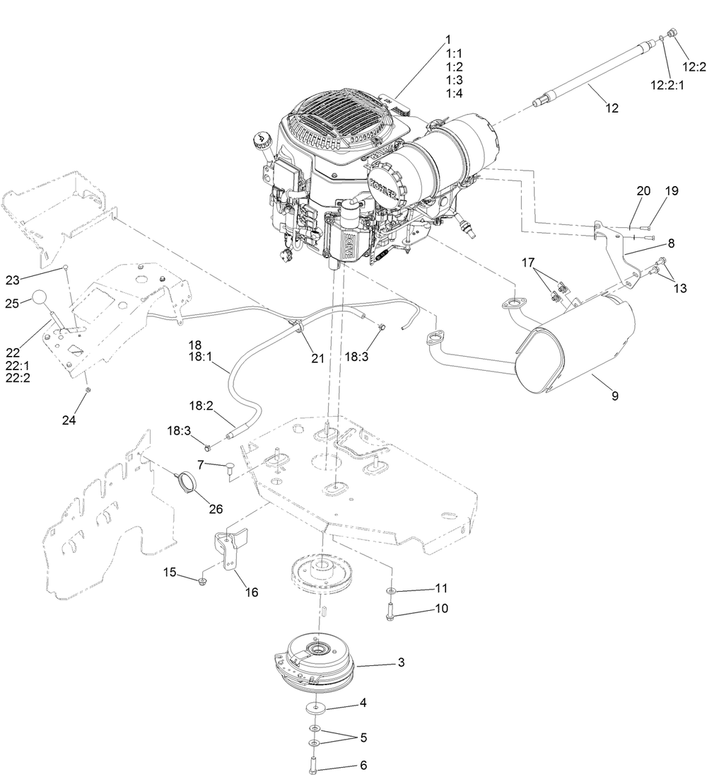 Engine, Clutch And Muffler Assembly Diagram and Parts List for 74906 402090000-403247599 Toro Lawn Mower
