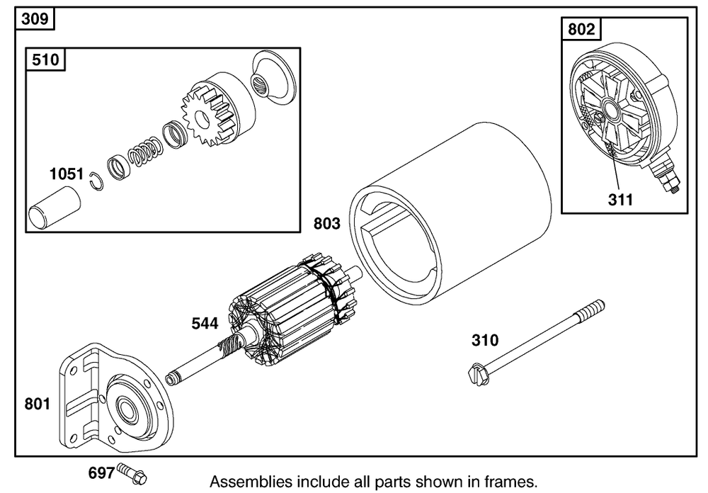 Starter Motor Assembly  Briggs And Stratton 303447-1314-E1 Diagram and Parts List for 12003 210000001 - 210999999 Toro Lawn Tractor