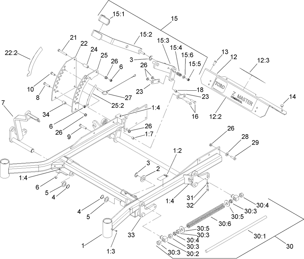 Front Frame Assembly Diagram and Parts List for 74274 (270000001-270999999)(2007) Toro Lawn Mower