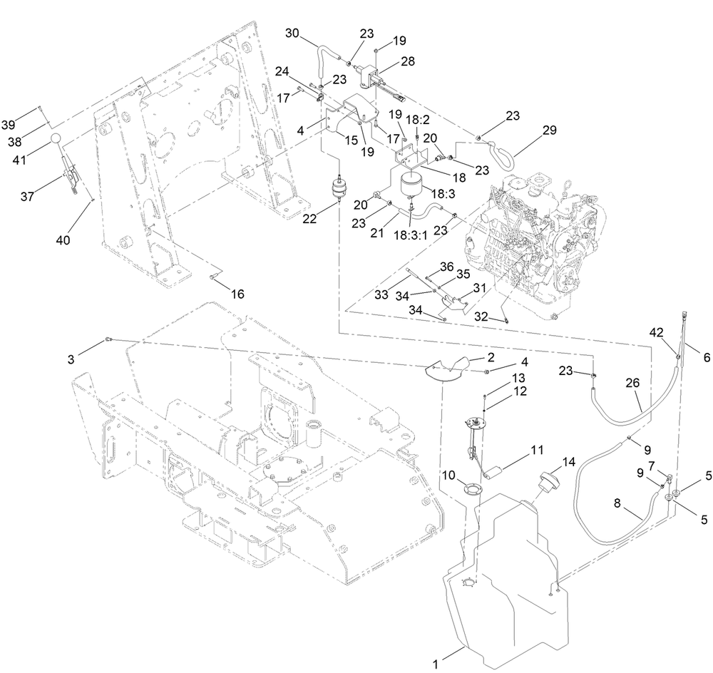 Fuel Tank, Fuel Pump And Filter Assembly Diagram and Parts List for 22323G 405700000 - 410299999 Toro Lawn Tractor Accessories