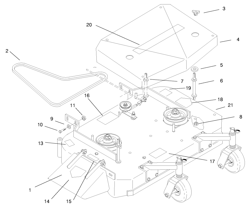 Deck, Cover And Deck Drive Belts Diagram and Parts List for 30194 990201 - 999999 Toro Lawn Mower