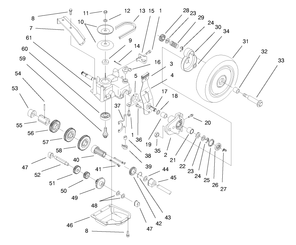 Deck Suspension & Gear Case Assembly Diagram and Parts List for 26633B 6900001 - 6999999 Toro Lawn Mower