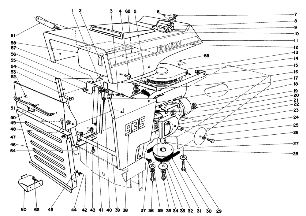 935 And 935e Hood And Engine Assembly Diagram and Parts List for 55050 9000001 - 9999999 Toro Lawn Tractor