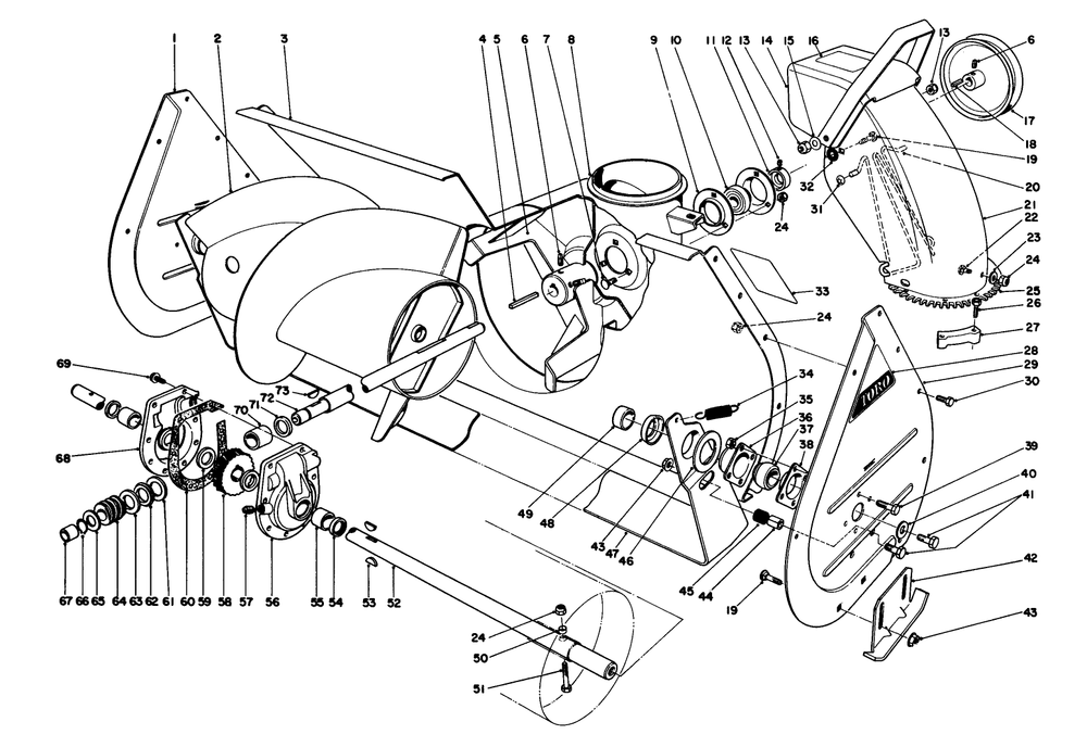 Auger Assembly Diagram and Parts List for 38160 7000001 - 7999999 Toro Snow Blower
