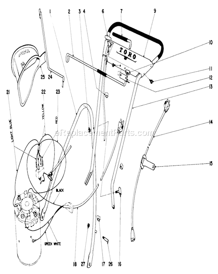 Handle Assembly Diagram and Parts List for 18301 0000001-0999999 - 1970 Toro Lawn Mower