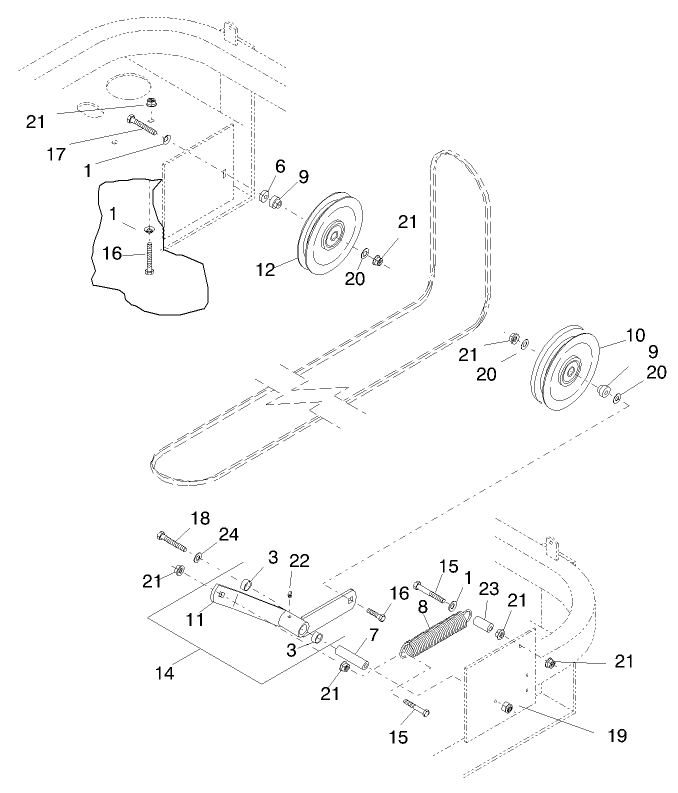 Deck Drive Belt And Pulleys Diagram and Parts List for 74201 890001 - 899999 Toro Lawn Tractor