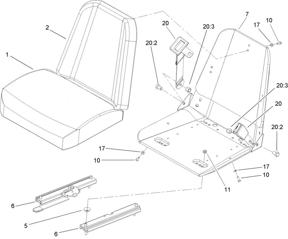 Seat Assembly Diagram and Parts List for 74410 (250007001-250999999)(2005) Toro Lawn Mower