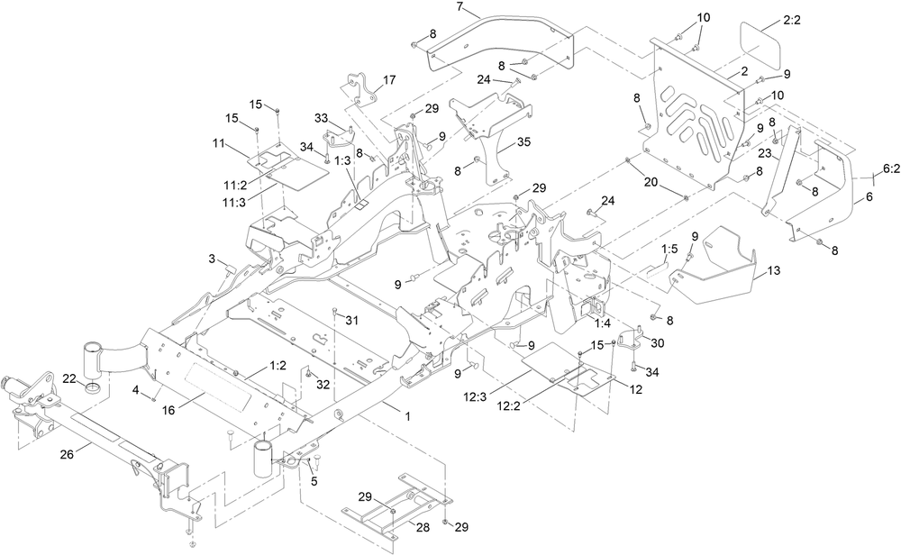 Mainframe And Muffler Guard Assembly Diagram and Parts List for 72969TE 412900000 - 999999999 Toro Lawn Tractor