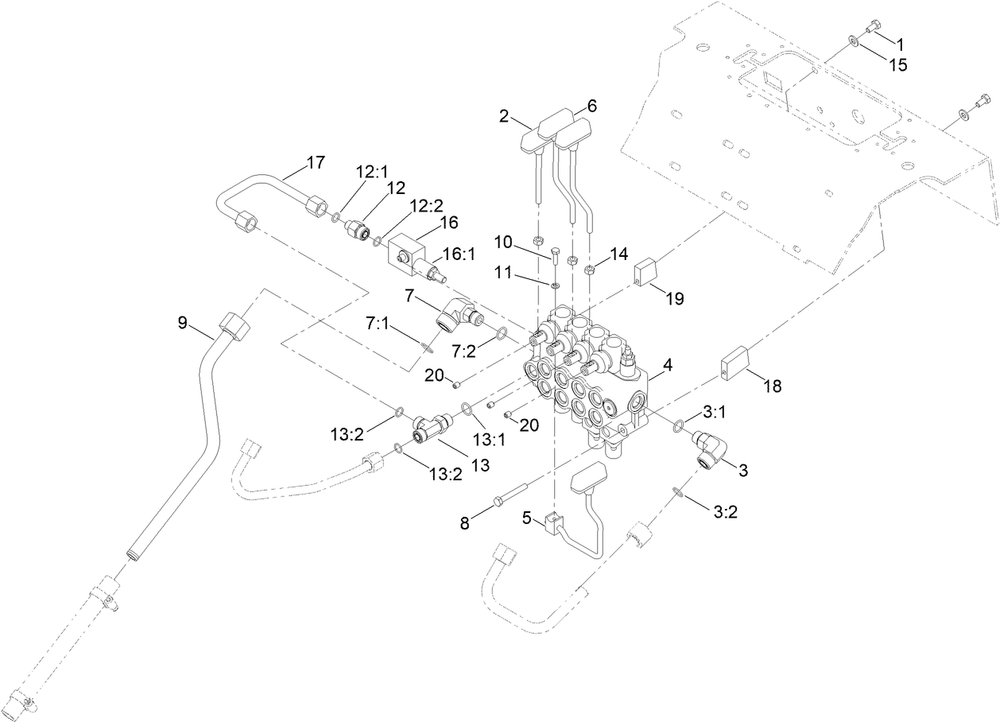 Four Spool Valve And Lever Assembly Diagram and Parts List for 22318 409342969 - 409809999 Toro Lawn Tractor Accessories