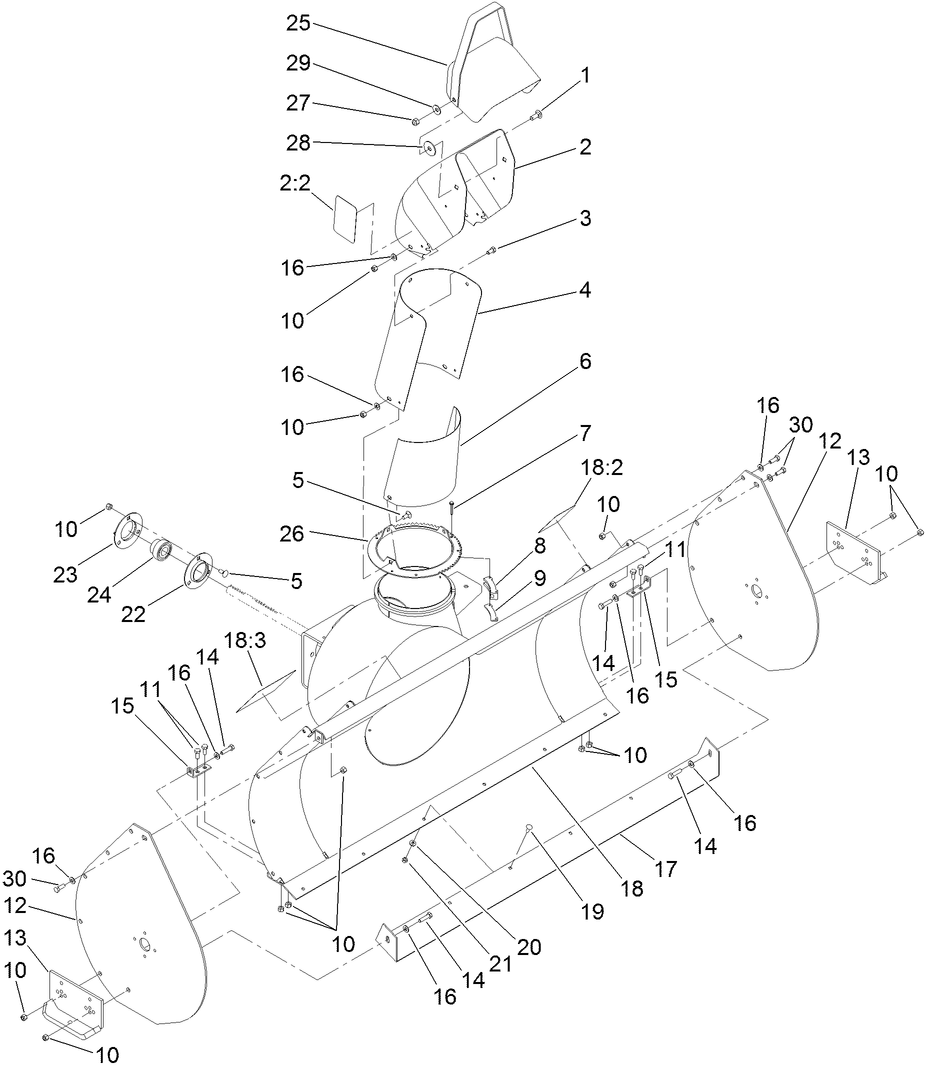 Discharge Chute Assembly Diagram and Parts List for 22456 400000000 - 401999999 Toro Snow Blower
