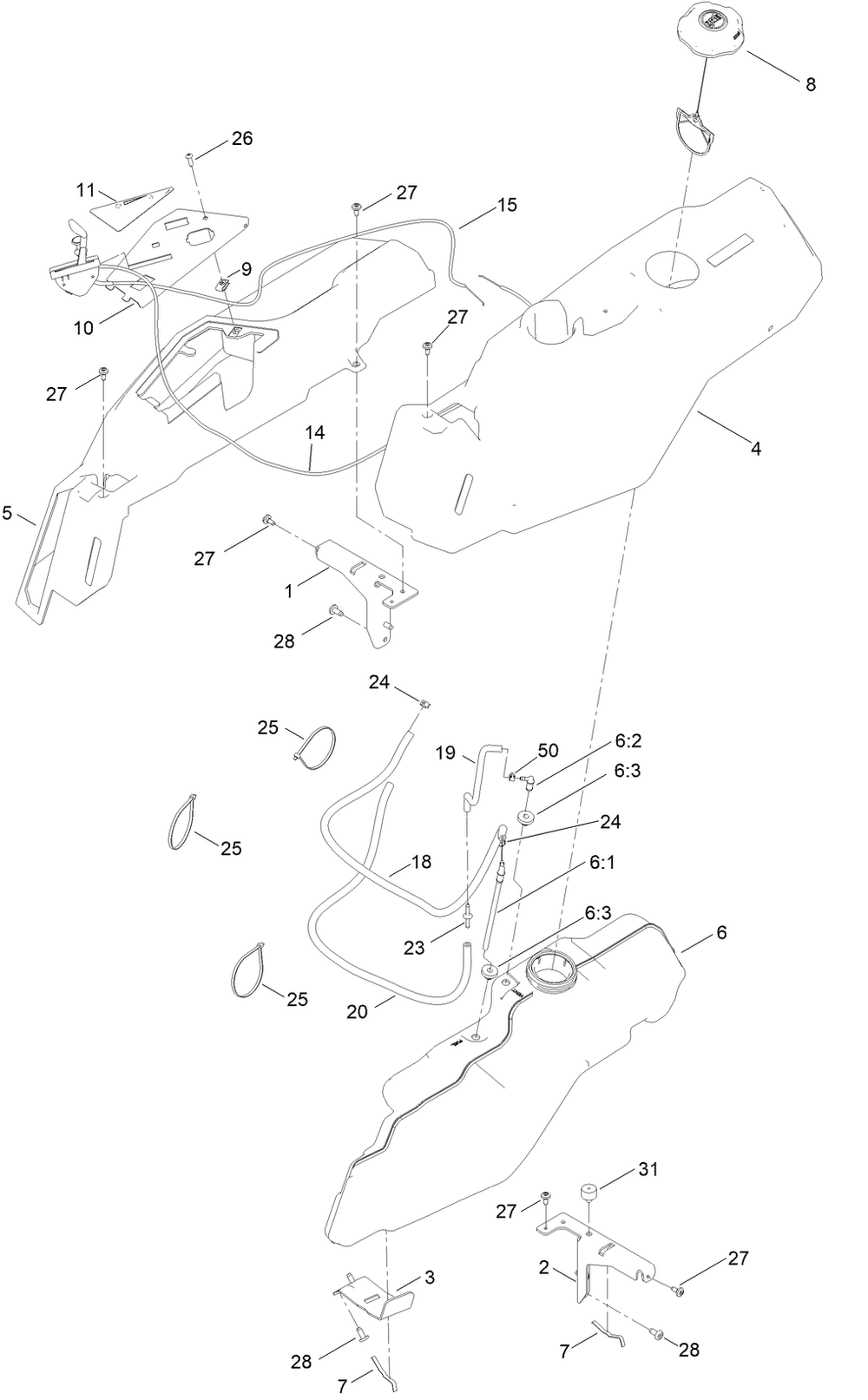 Fuel Pod Assembly Diagram and Parts List for 75734 414557042 - 999999999 Toro Lawn Tractor