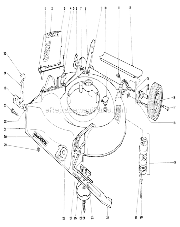 Housing Assembly Diagram and Parts List for 19400 4000001-4999999 - 1974 Toro Lawn Mower