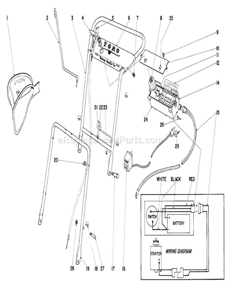 Handle Assembly Diagram and Parts List for 19225 0000001-0999999 - 1970 Toro Lawn Mower