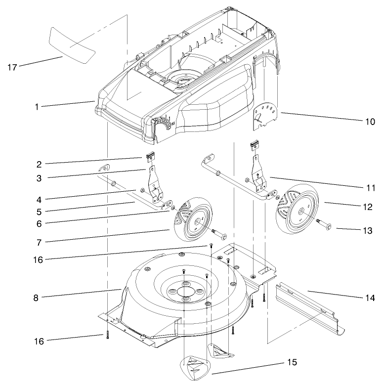 Deck, Liner, & Wheel Assembly Diagram and Parts List for 20050 99000001 - 99999999 Toro Lawn Mower