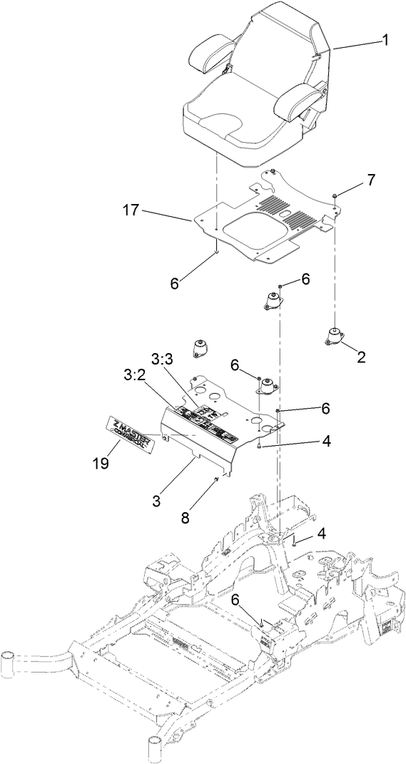 Seat Mounting Assembly Diagram and Parts List for 74901 (312000001-312999999)(2012) Toro Lawn Mower