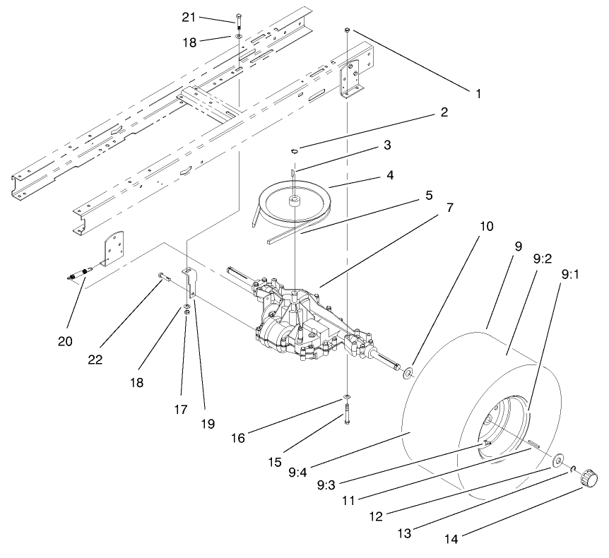 Transaxle Assembly Diagram and Parts List for 71208 8900001 - 8999999 Toro Lawn Tractor