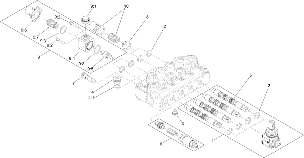 Four Spool Hydraulic Valve Assembly No. 105-8377 Diagram and Parts List for 22318 409342969 - 409809999 Toro Lawn Tractor Accessories