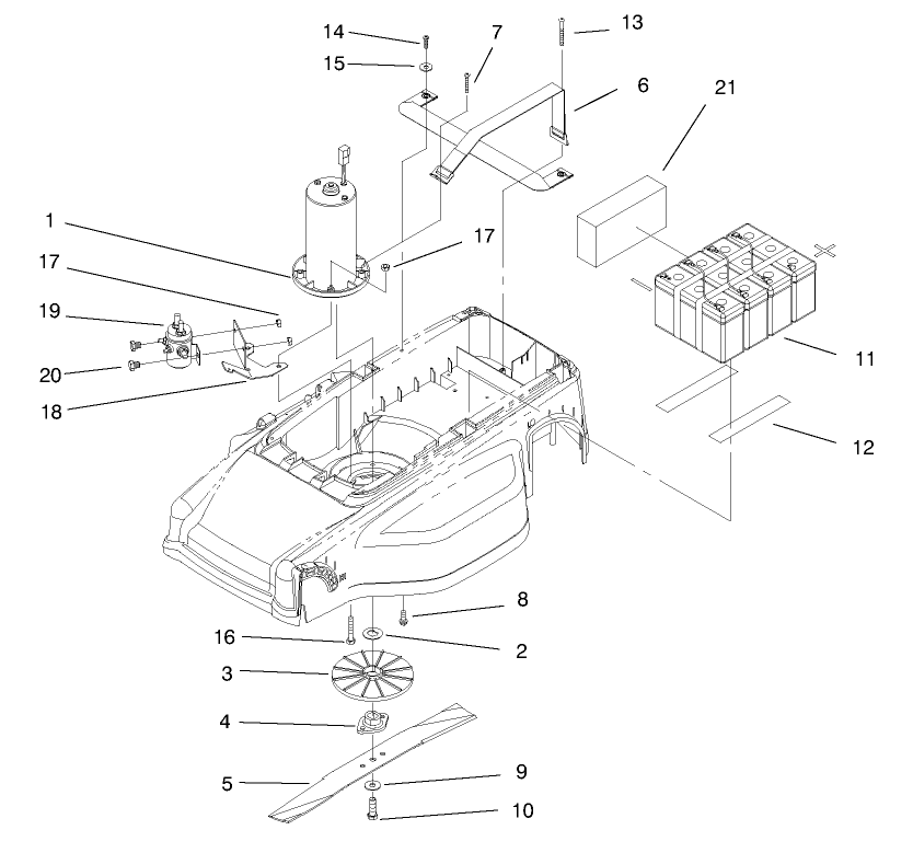 Motor, Batteries And Blade Assembly Diagram and Parts List for 20648 89000001 - 89999999 Toro Lawn Tractor Accessories