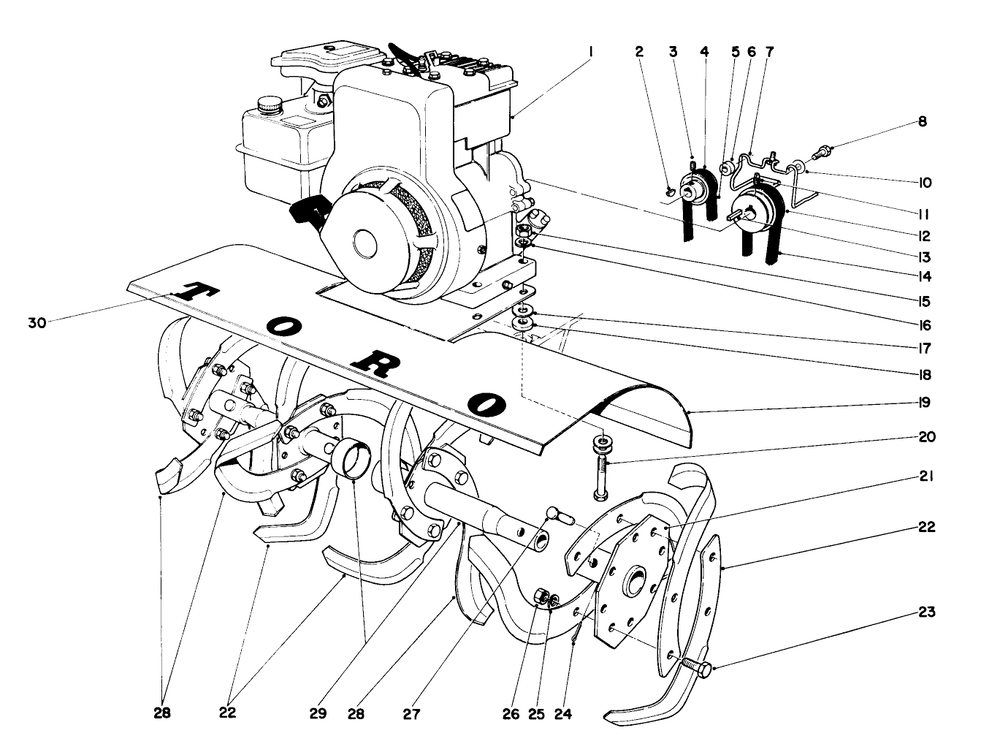 Tine And Engine Assembly Diagram and Parts List for 58100 1000001 - 1999999 Toro Tiller