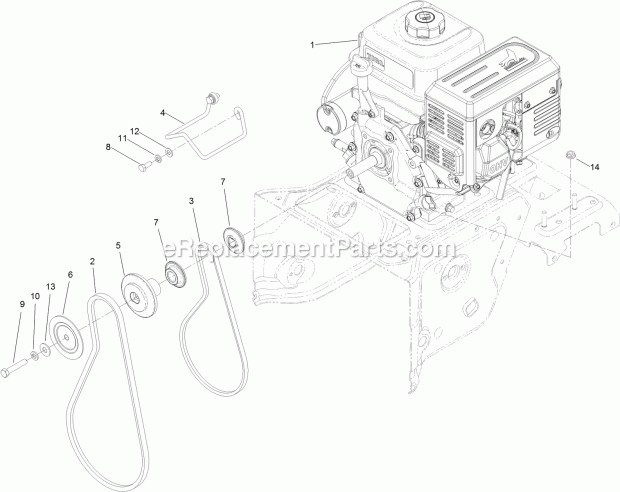 Engine, Pulley And Belt Assembly Diagram and Parts List for 38811 316000001-316999999 Toro Snow Blower