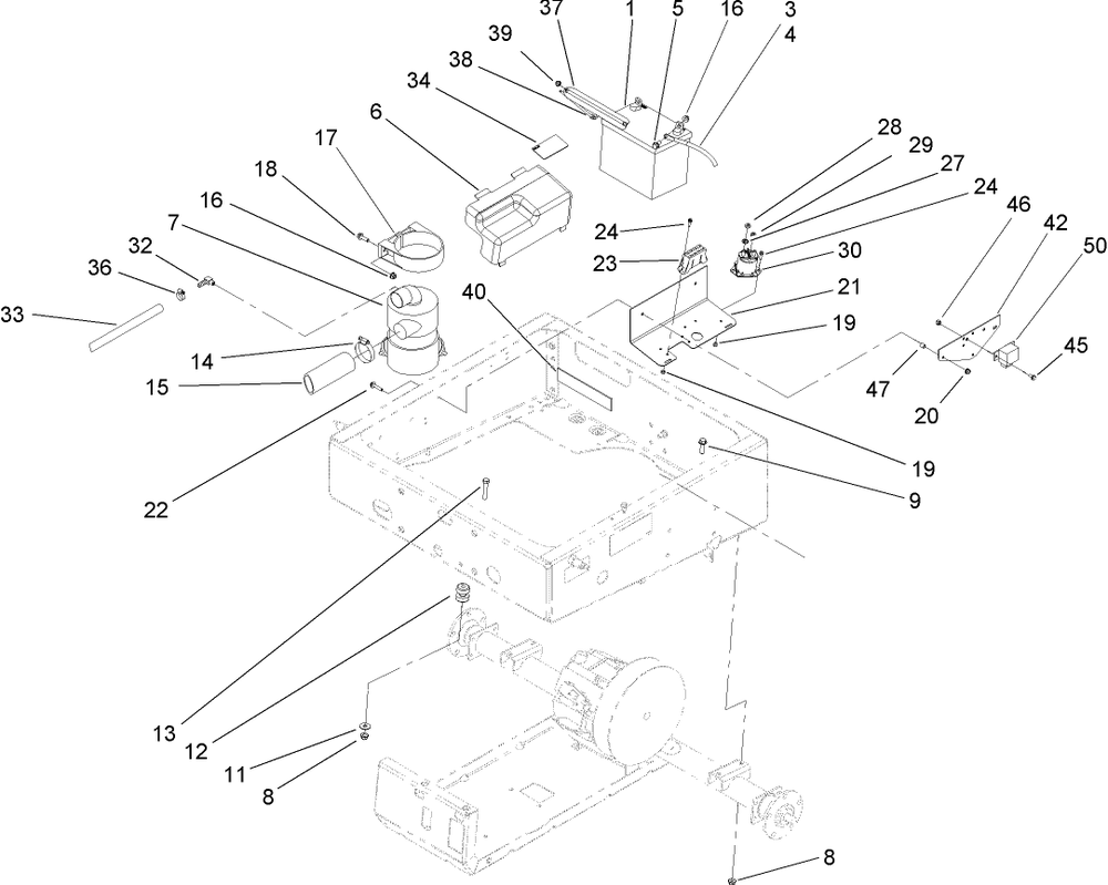 Drivetrain Mounting, Battery And Air Cleaner Assembly Diagram and Parts List for 12004TC 260000001 - 260999999 Toro Lawn Tractor