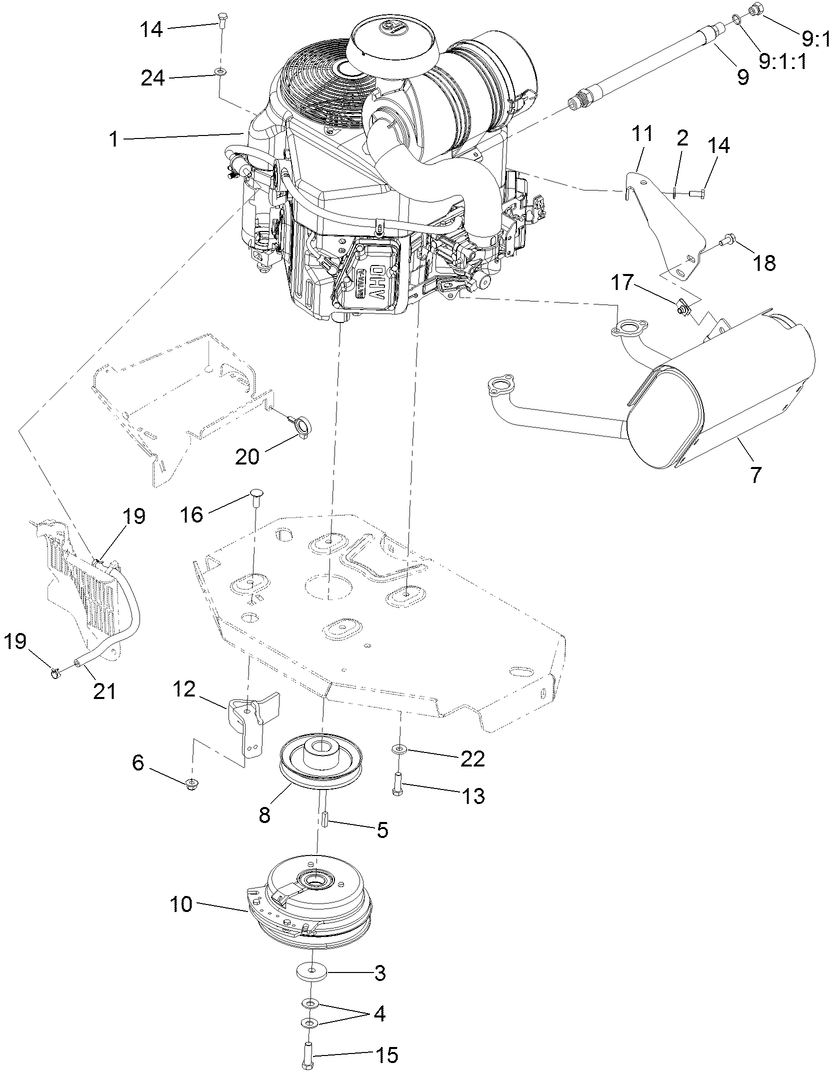 Engine, Muffler And Clutch Assembly Diagram and Parts List for 74902TE (313000001-313999999)(2013) Toro Lawn Mower