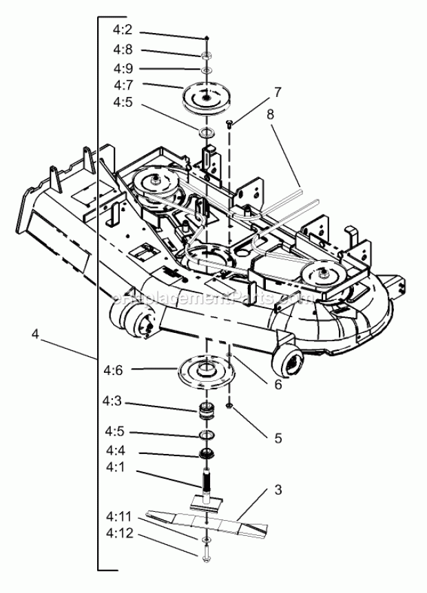Deck Spindle Assembly Diagram and Parts List for 74166 240000001-240999999 Toro Lawn Mower