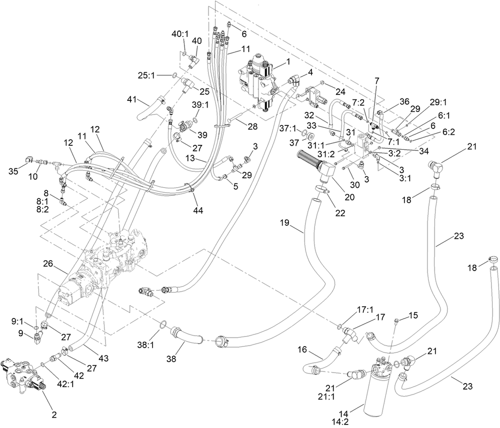 Principal Hydraulic Assembly Diagram and Parts List for 22370 410500000 - 412999999 Toro Lawn Tractor Accessories