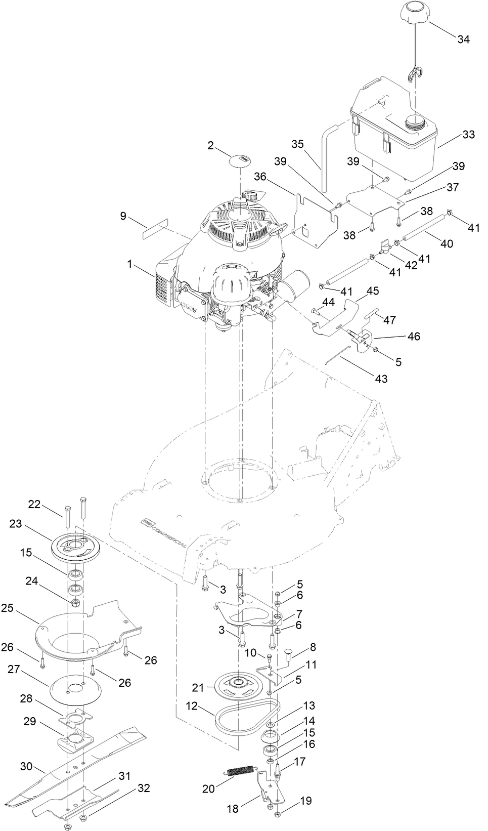 Engine And Blade Assembly Diagram and Parts List for 22298 410380000 - 412899999 Toro Lawn Mower
