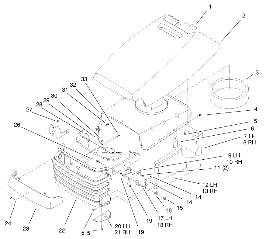 Hood & Grill Assembly Diagram and Parts List for 72047 9900001 - 9999999 Toro Lawn Tractor