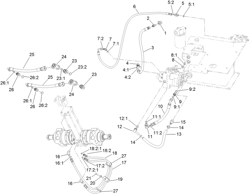 Hydraulic Hose And Fitting Assembly Diagram and Parts List for 68038G 402350000 - 404319999 Toro Lawn Tractor Accessories