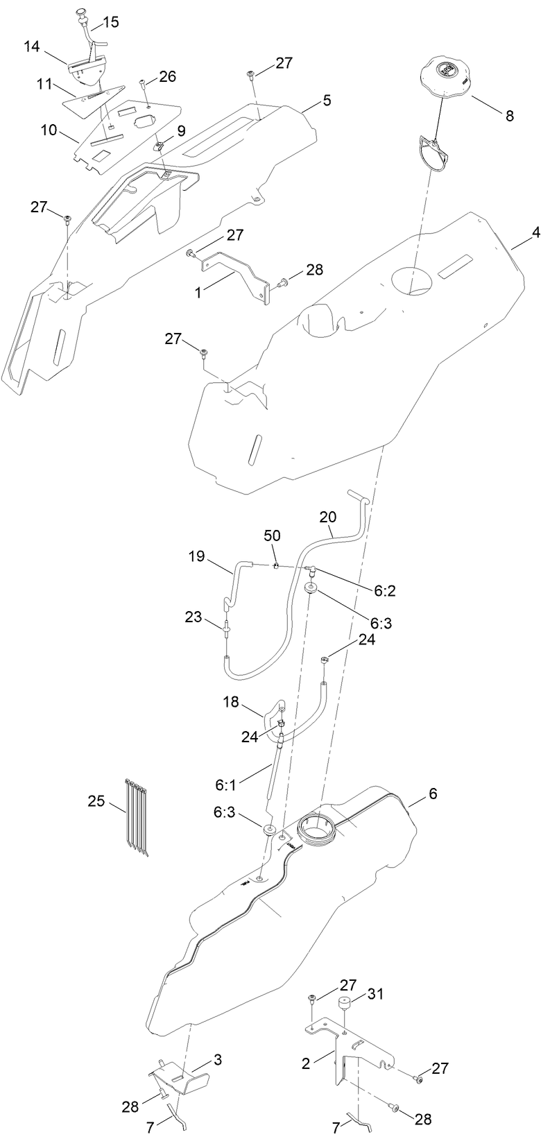 Fuel Pod And Body Styling Assembly Diagram and Parts List for 75759 407800000 - 999999999 Toro Lawn Tractor