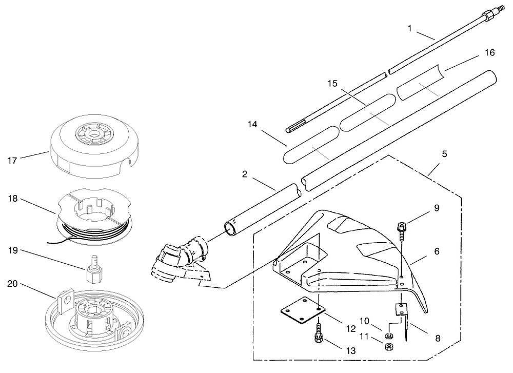 Head, Shaft And Shield Assembly Diagram and Parts List for 53011 895001 - 899999 Toro Trimmer