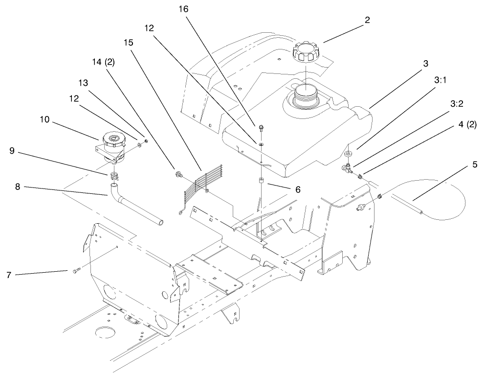 Fuel Tank & Hydro Reservoir Assembly Diagram and Parts List for 72070 9900001 - 9999999 Toro Lawn Tractor