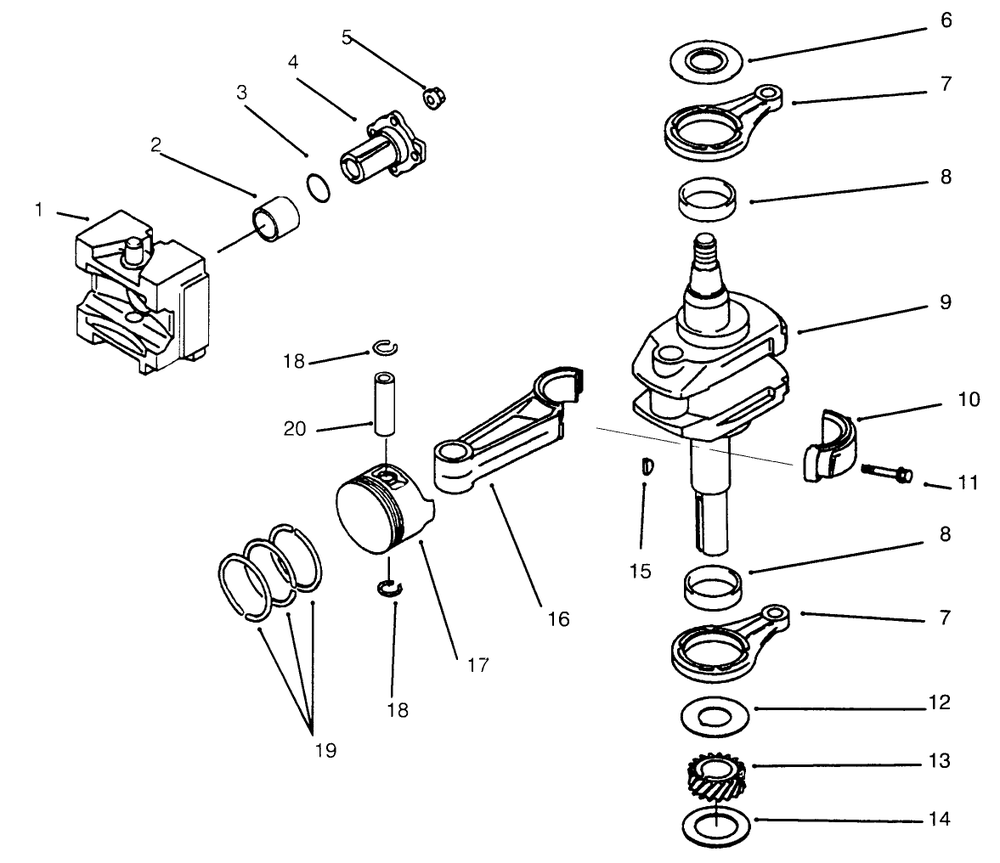 Piston/Crankshaft Diagram and Parts List for 30166 590001 - 599999 Toro Lawn Tractor Accessories