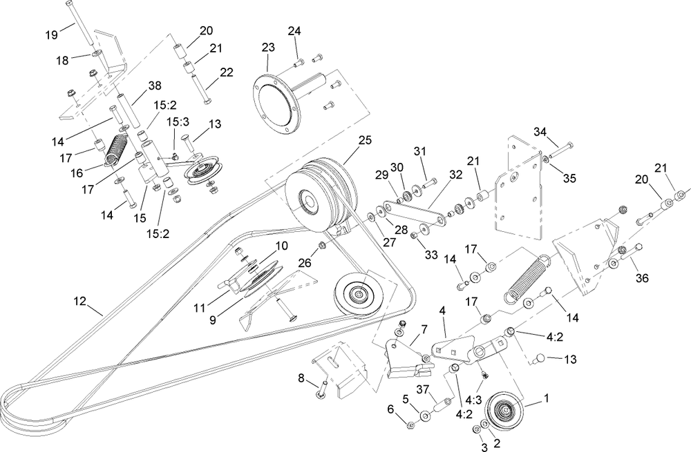 Deck Belt Drive Assembly Diagram and Parts List for 74281TE (270000001-270000300)(2007) Toro Lawn Tractor