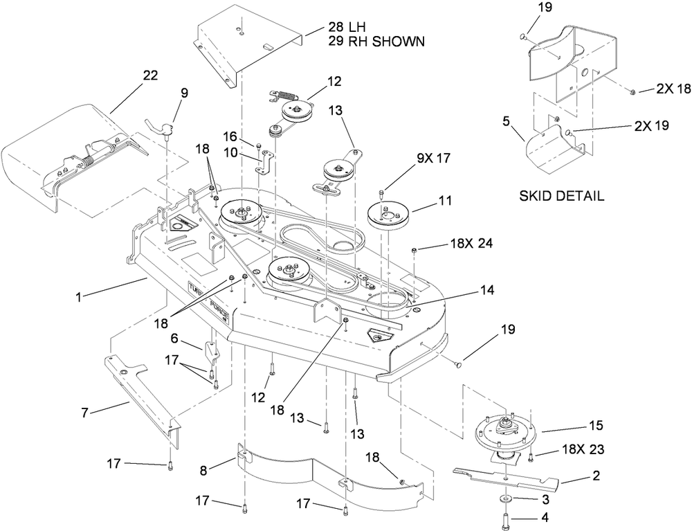 Deck Assembly 1 Diagram and Parts List for 74558 (290000001-290000209)(2009) Toro Lawn Mower