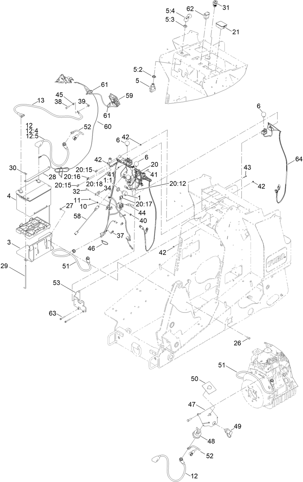 Electrical Assembly Diagram and Parts List for 22327G 409990000 - 410479999 Toro Lawn Tractor Accessories