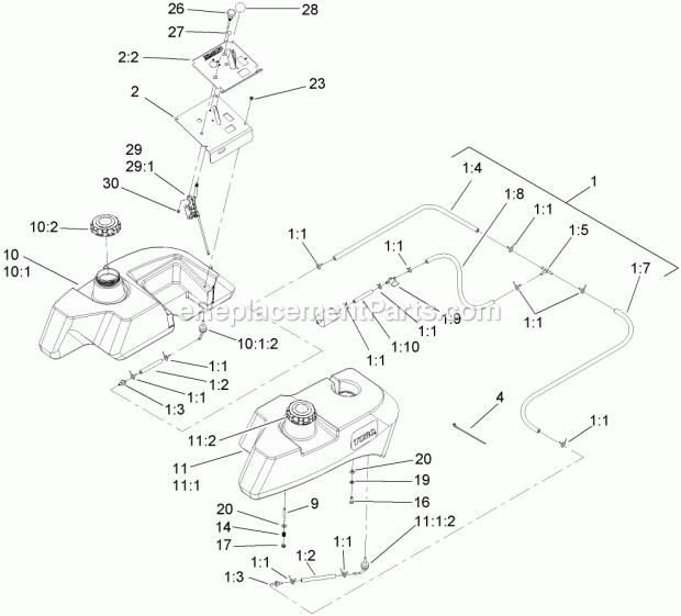 Fuel System And Throttle Control Assembly Diagram and Parts List for 74262CP 270000001-270999999 Toro Lawn Mower