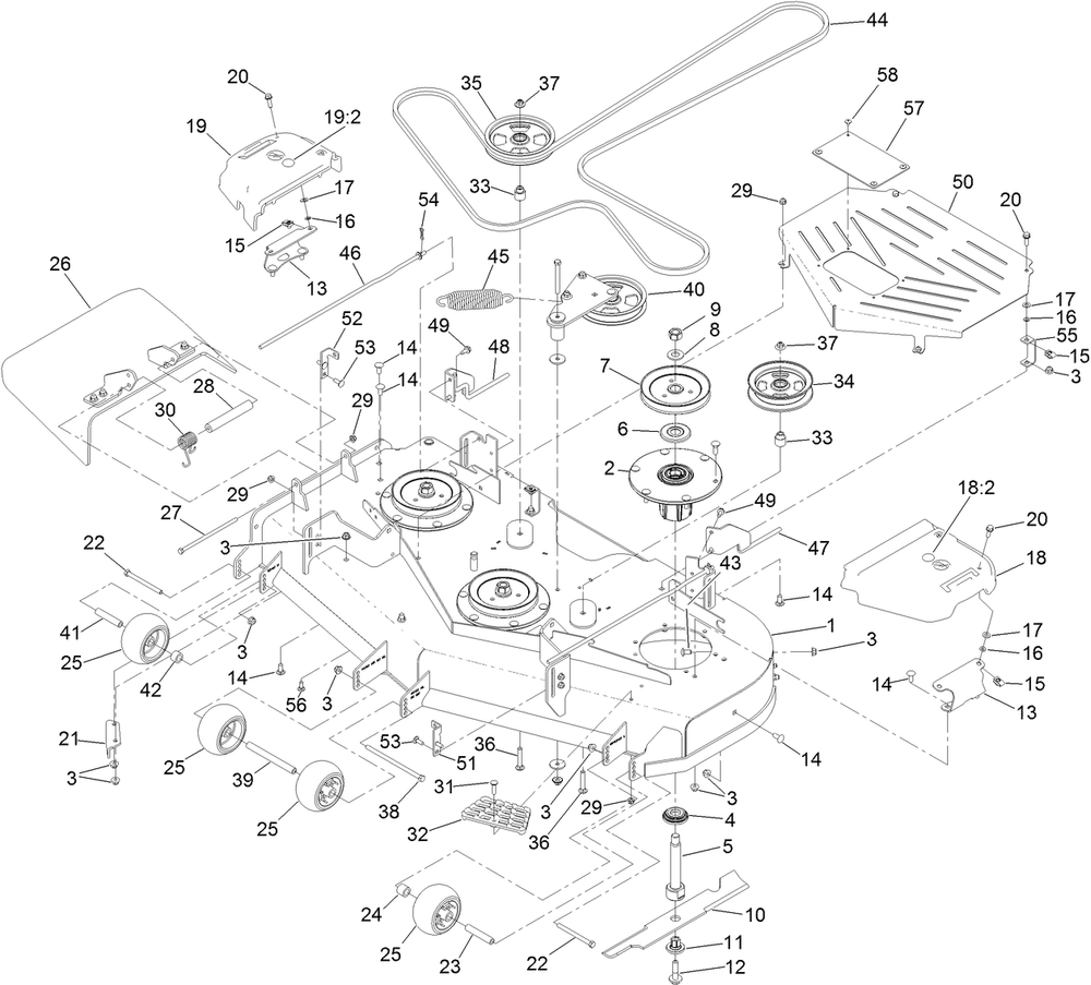 Deck Assembly Diagram and Parts List for 74053TE 409854706-410169999 Toro Lawn Tractor