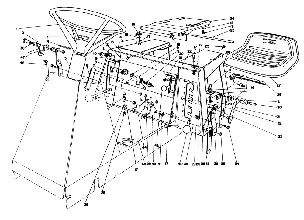Seat & Steering Wheel Assembly Diagram and Parts List for 56155 6000001 - 6999999 Toro Lawn Tractor