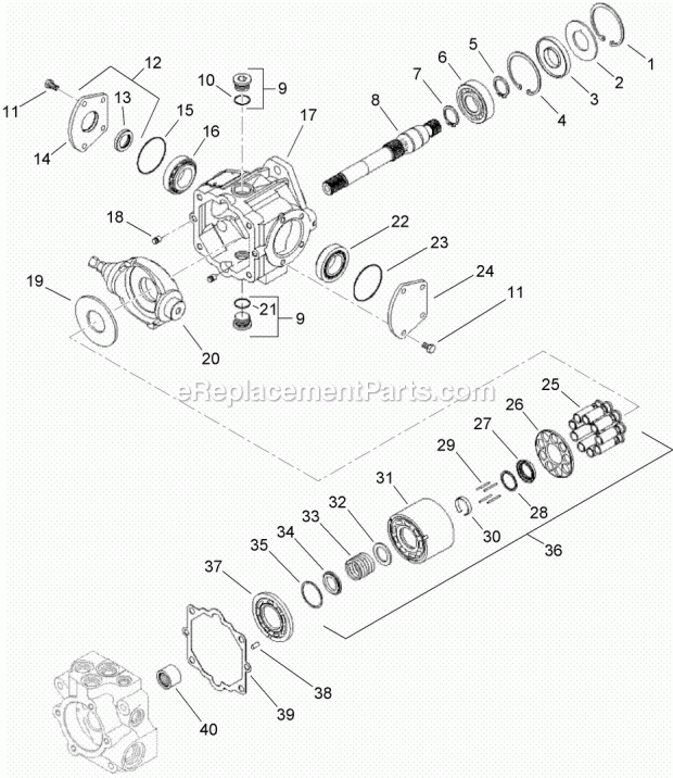 Ground Drive Pump Assembly Housing, Input Sha Diagram and Parts List for 2011  Toro Lawn Tractor Accessories