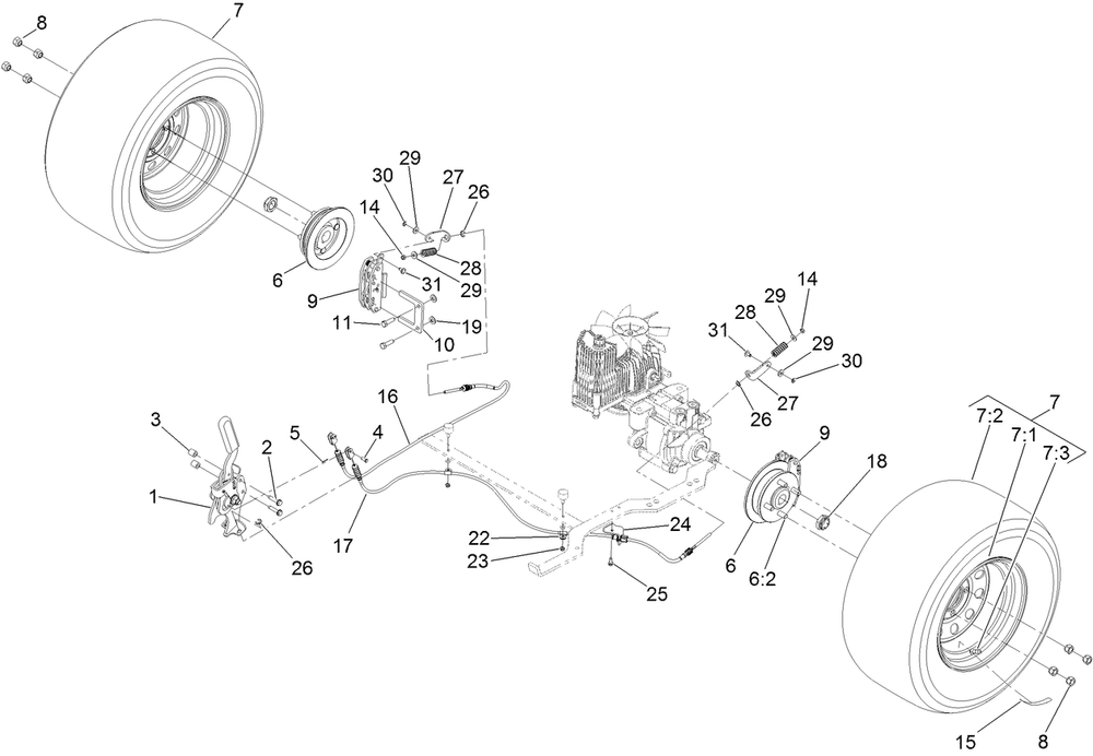 Rear Wheel And Park Brake Assembly Diagram and Parts List for 74943CP (312000001-312999999)(2012) Toro Lawn Mower