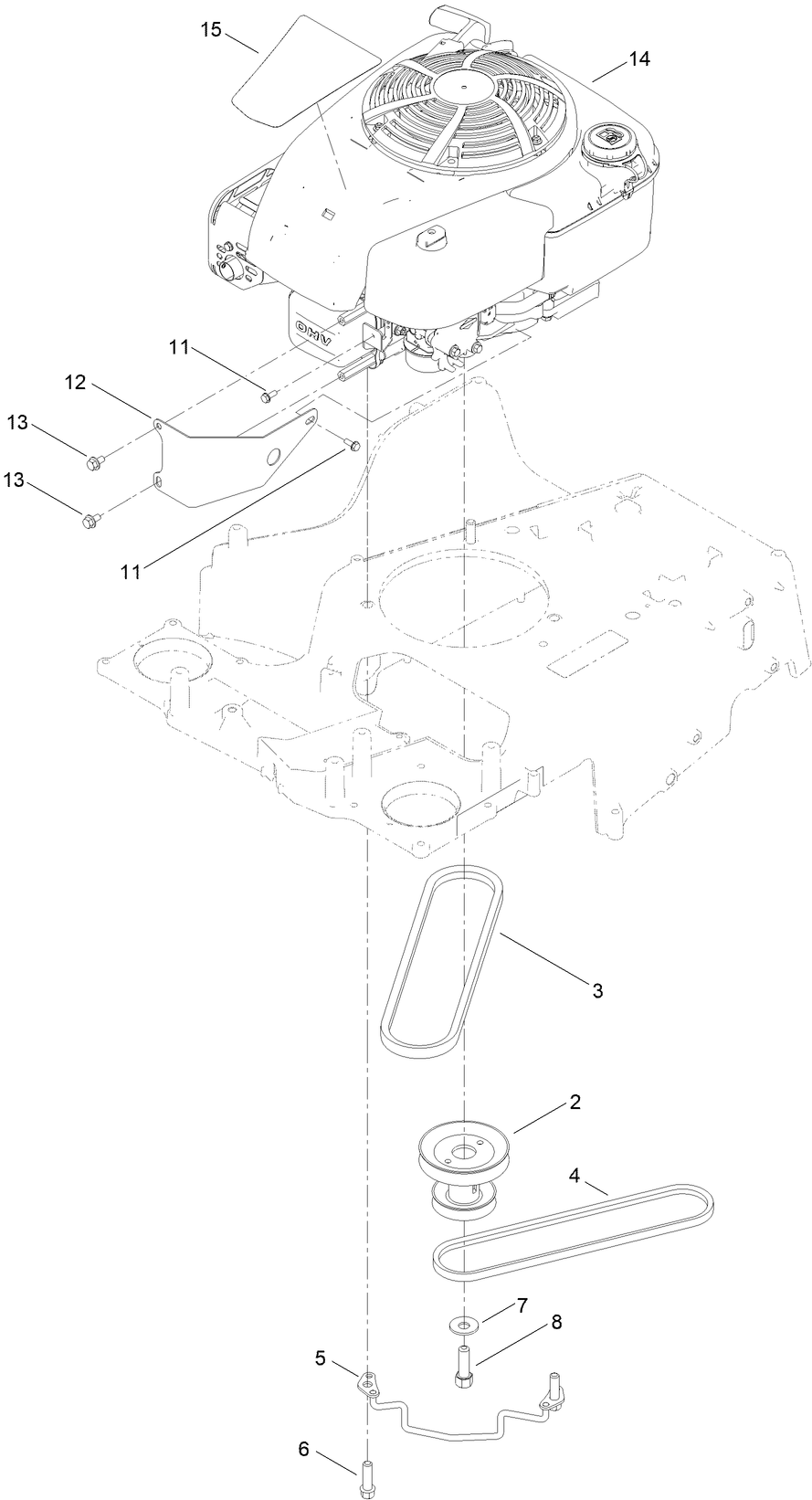 Engine And Belt Assembly Diagram and Parts List for 21199HD 407000000 - 412999999 Toro Lawn Mower