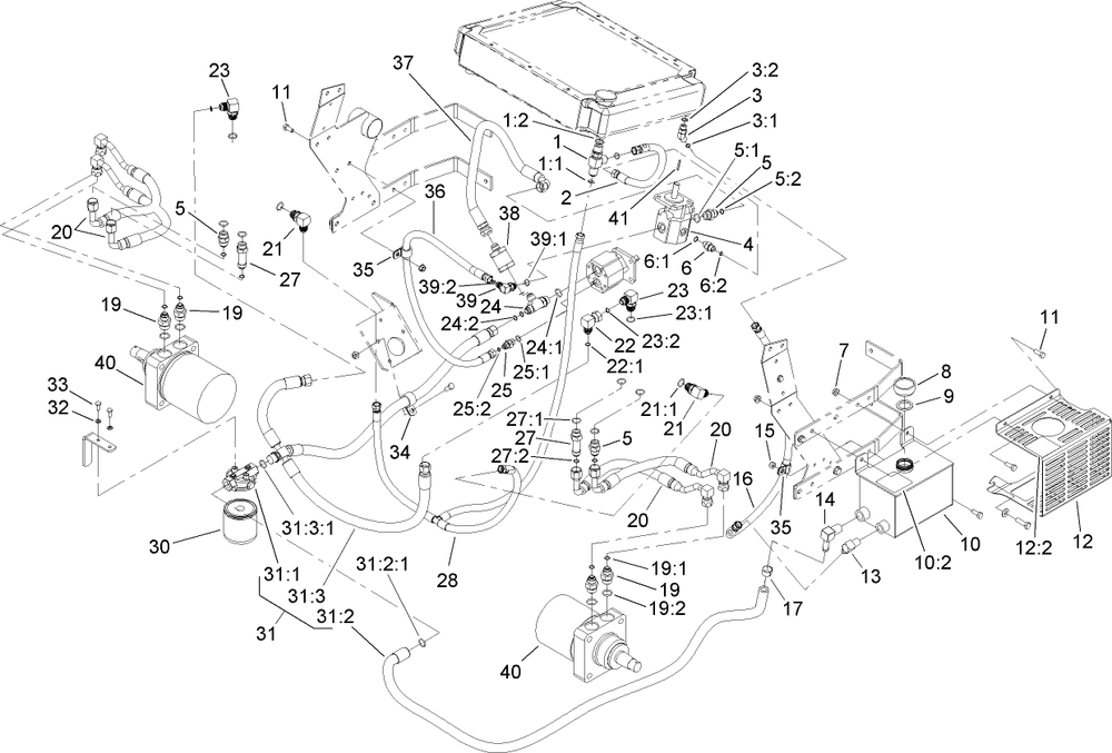 Hydraulic System Assembly Diagram and Parts List for 74280TE (260000001-260999999)(2006) Toro Lawn Tractor
