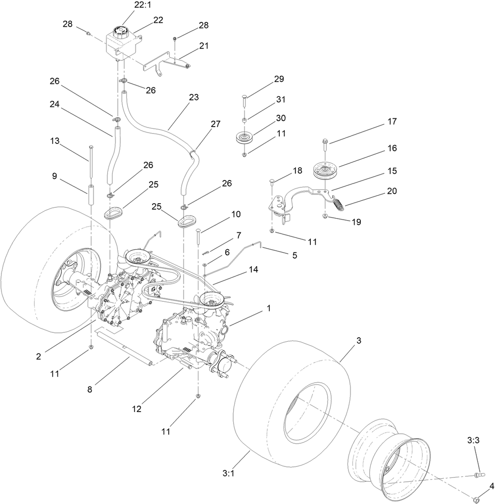 Transmission Assembly Diagram and Parts List for 44460 410270000-999999999 Toro Lawn Mower