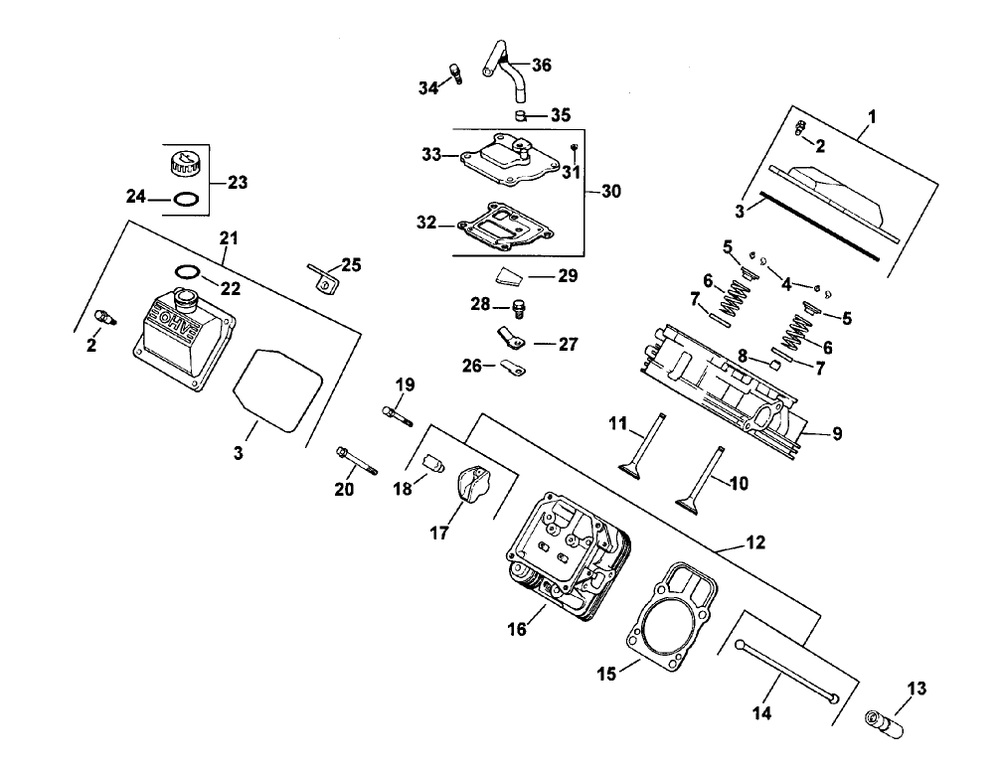 Head/Valve/Breather Diagram and Parts List for 74187 (200000501-200999999)(2000) Toro Lawn Mower