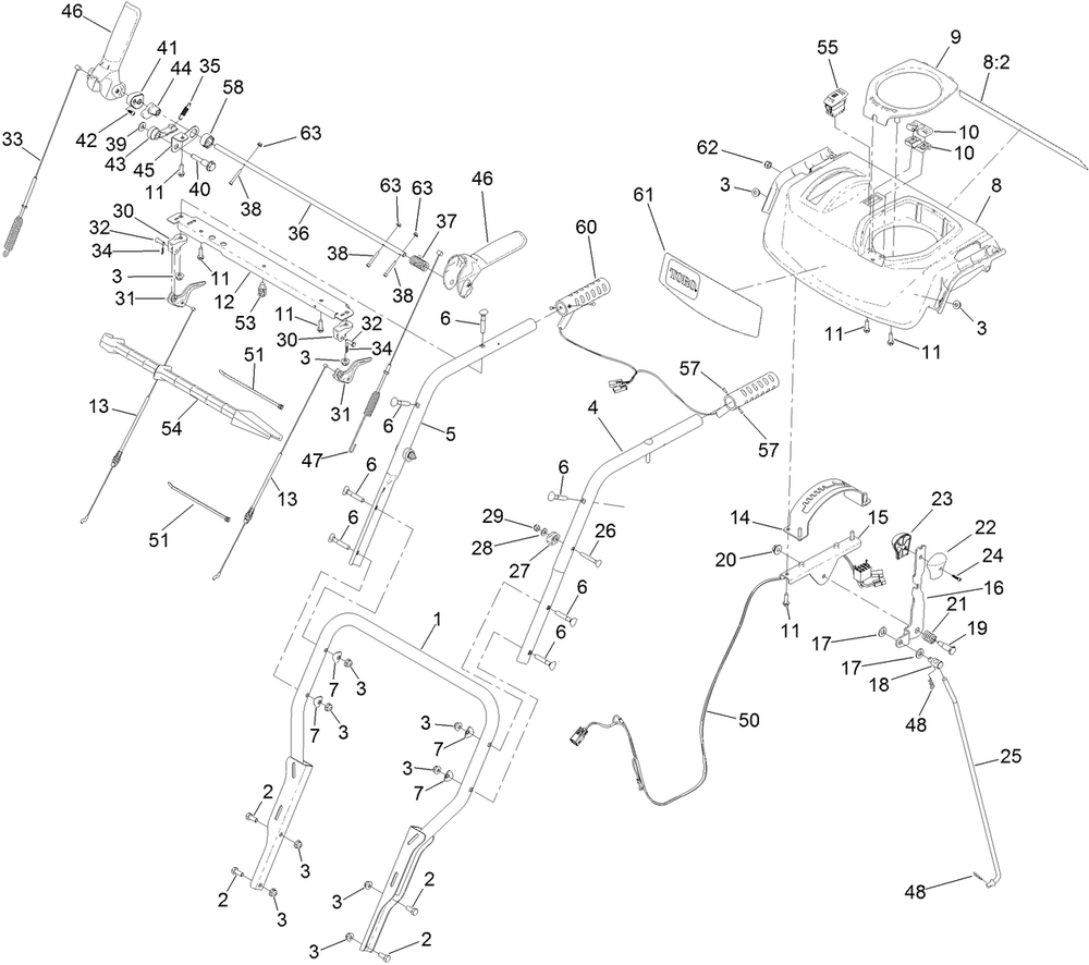 Handle Assembly Diagram and Parts List for 38841 405348900 - 406399999 Toro Snow Blower