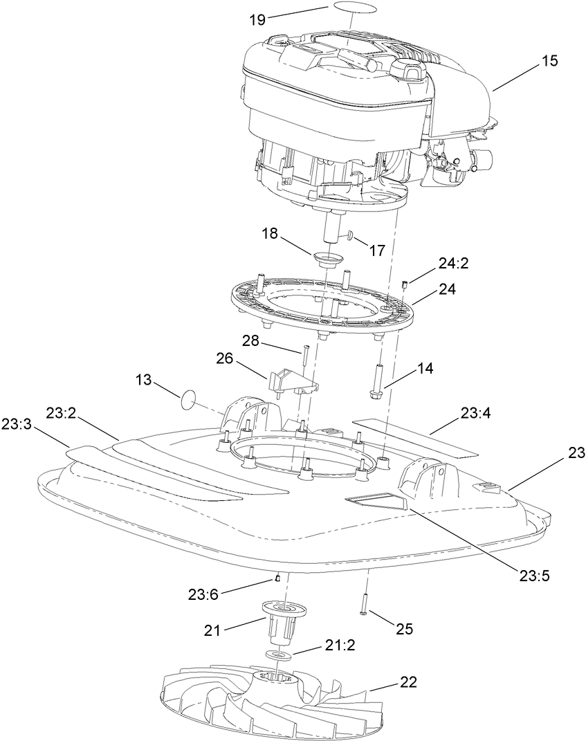 Engine, Impeller And Deck Assembly Diagram and Parts List for 2611 313000001 - 313999999 Toro Lawn Tractor Accessories
